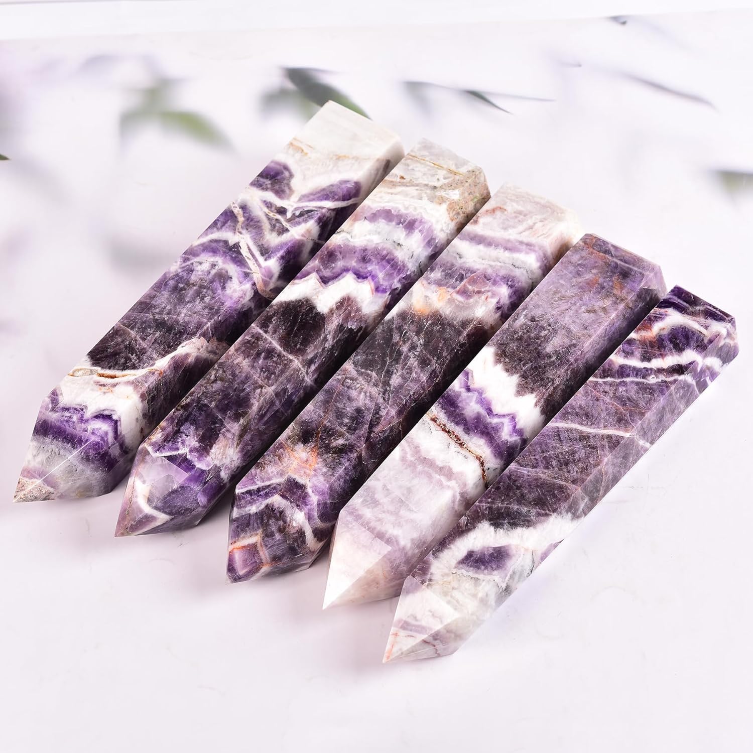 JIC Gem Natural Chevron Amethyst Healing Crystal Obelisk Tower 6 Faceted Large Crystal Wand Reiki Chakra Meditation Therapy Decor Crystal Gift 3.5-4.0 Lbs