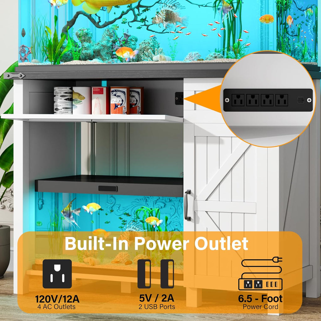 40 Gallon Fish Tank Stand with Power Outlets, Farmhouse Decorative Aquarium Stand Furniture with Adjustable Shelves and Storage Drawer, 30-40 Gallon Reptile Turtle Tank Stand(White, 30-40GL)
