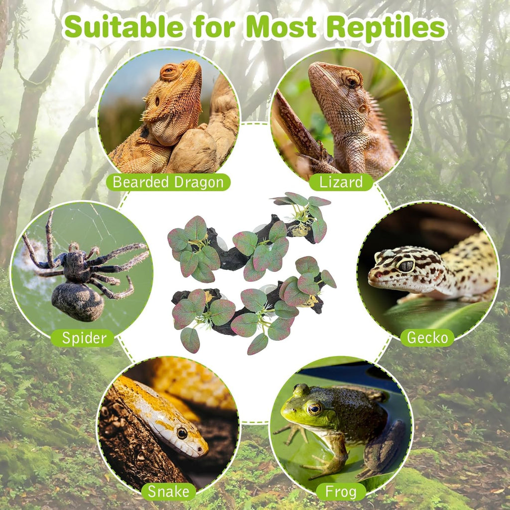 kathson 2 PCS Reptile Corner Branch Resin Snake Climbing Accessories with Leaves Terrarium Plant Decoration with Suction Cup for Lizard Frog Bearded Dragon Gecko Spider Climbing 7.8 x 3.1 x 1.4 inches