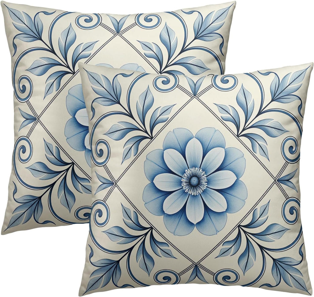 Blue and White Floral Throw Pillow Covers Set of 2 Ultra-Soft All-Season Pillow Shams with Hidden Zipper,Durable for Sofa Bed Car Decor & Gift 18x18IN