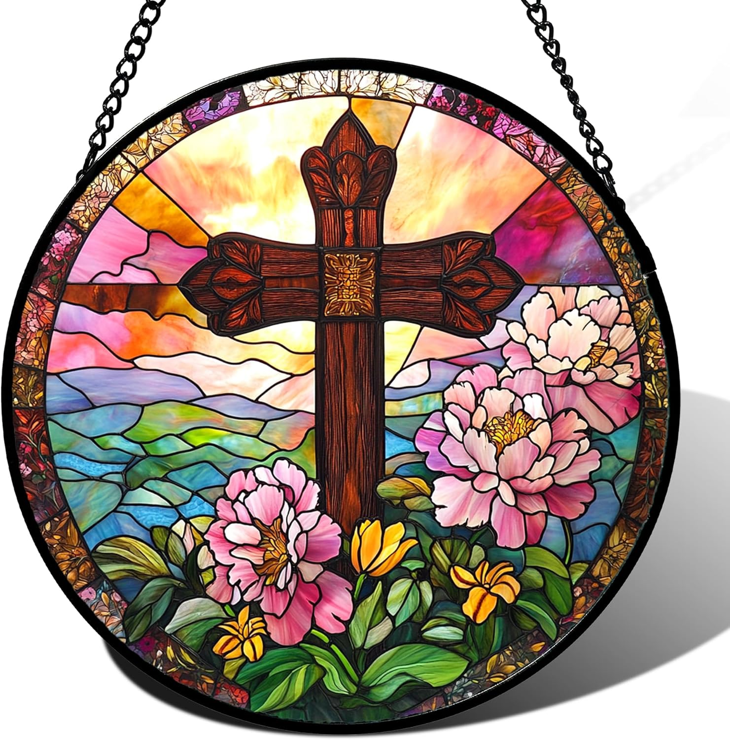 Christian Gifts for Women - Cross Stained Glass Window Hanging Jesus Easter Pink Flower Peony Sun Catcher Garden Religion Decor Mother's Day Catholic Gift for Men Grandma Mom Her Nana 15"