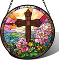 Christian Gifts for Women - Cross Stained Glass Window Hanging Jesus Easter Pink Flower Peony Sun Catcher Garden Religion Decor Mother's Day Catholic Gift for Men Grandma Mom Her Nana 9.8"