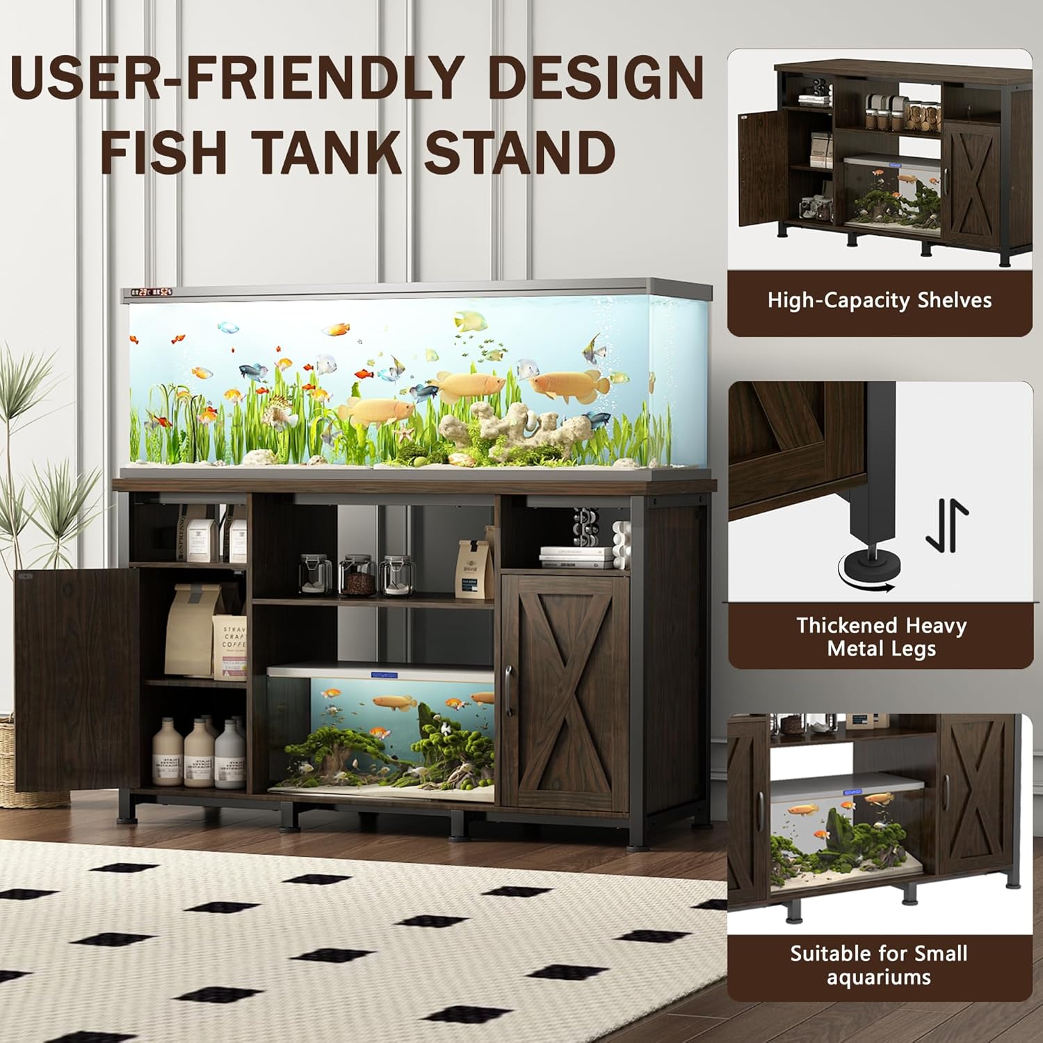 55-90 Gallon Fish Tank Stand with Power Outlets, Aquarium Stand with Cabinet, Heavy Duty Reptile Tank Turtle Terrariums Table for Fish Tank Accessories Storage, 52" L x 19.7" W, 1000LBS Capacity