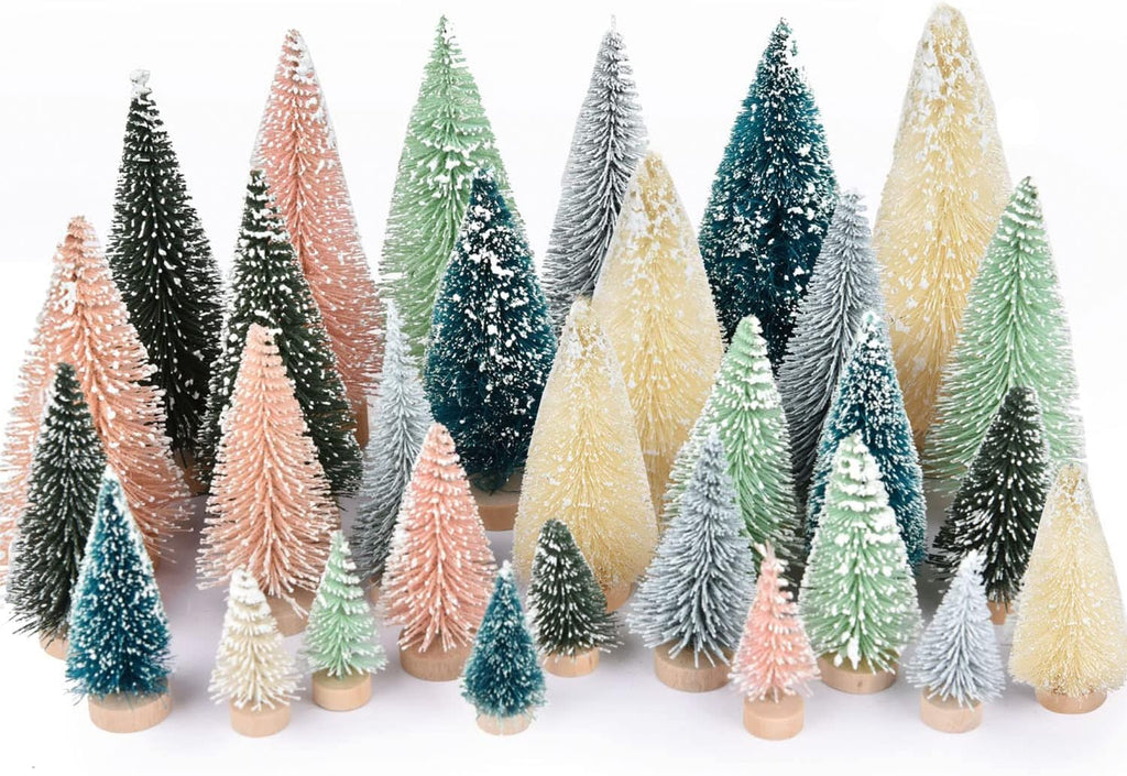 DearHouse 30PCS Artificial Mini Christmas Trees, Mini Pine Tree Sisal Trees with Wood Base Bottle Brush Trees for Christmas Table Top Decor Winter Crafts Ornaments (Pink, 30)