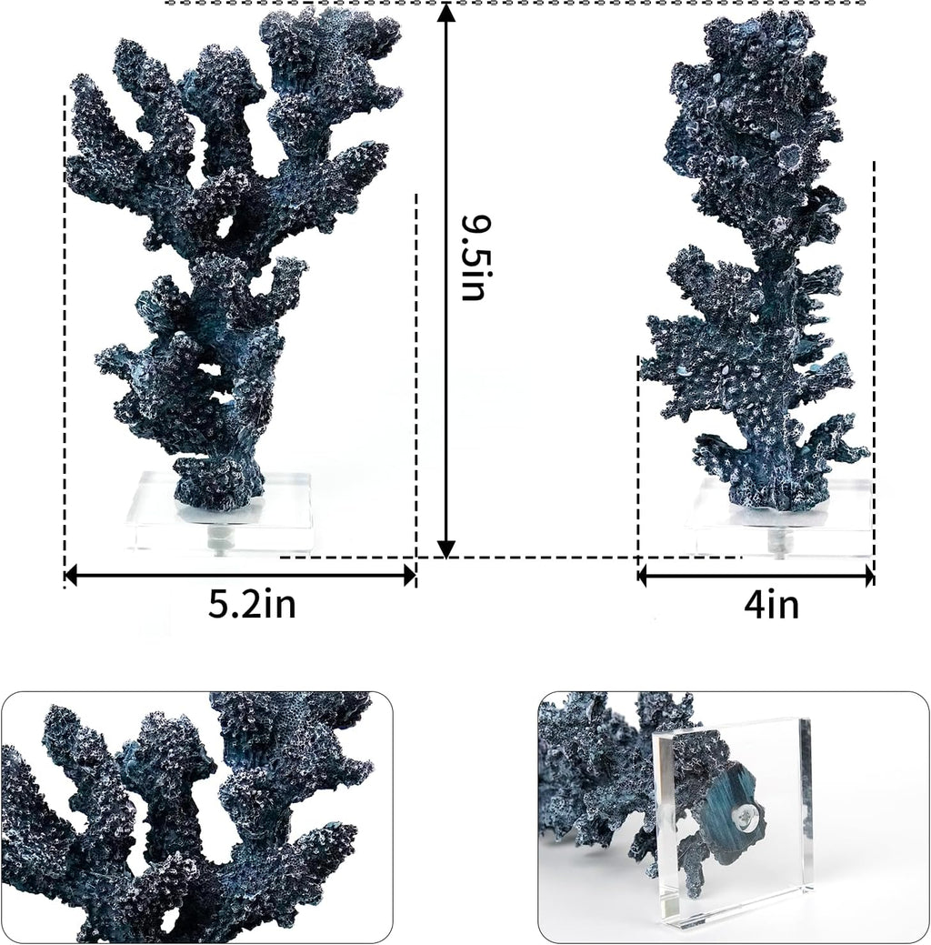 Coral Beach Decor, 9.5'' High x 5.2'' Width Artificial Resin Coral Reef Statue for Ocean Coastal Beach Nautical Themed Room Bathroom Decor for Home,RB1002B,Blue