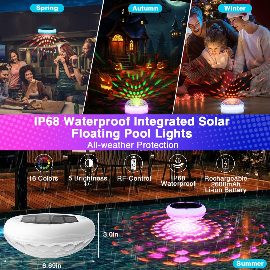 Solar and USB Rechargeable Floating Pool Lights, 2600mAh 6.7" IP68 Waterproof Pool Lights That Float with Remote, RGB 13 Colors Upper and Lower Glow Hangable Solar Floating Light for Outdoor 4 PCS