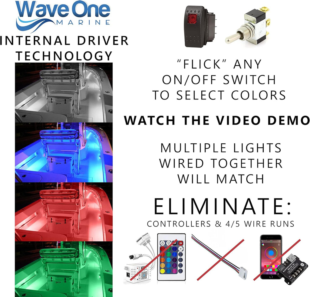 Wave One Marine Spectrum RGBW Rigid Light | Internal Driver LED Waterproof Boat Accent Courtesy Light 12V Volt RV | Multi Color Two Wire Switch Control | Gunnel Deck Pontoon Strip | IP67 (10")