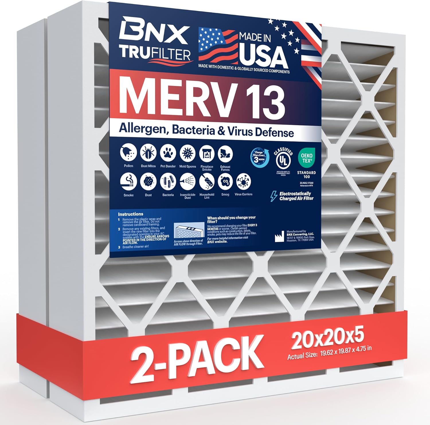 BNX TruFilter 20x20x5 (19.88’’ x 19.88’’ x 4.38‘’ Honeywell Compatible 4”) MERV 13 Air Filter (2-Pack) - MADE IN USA - HVAC AC Furnace Filters Health, Allergies, Mold, Bacteria, Smoke, MPR 1900 FPR 10