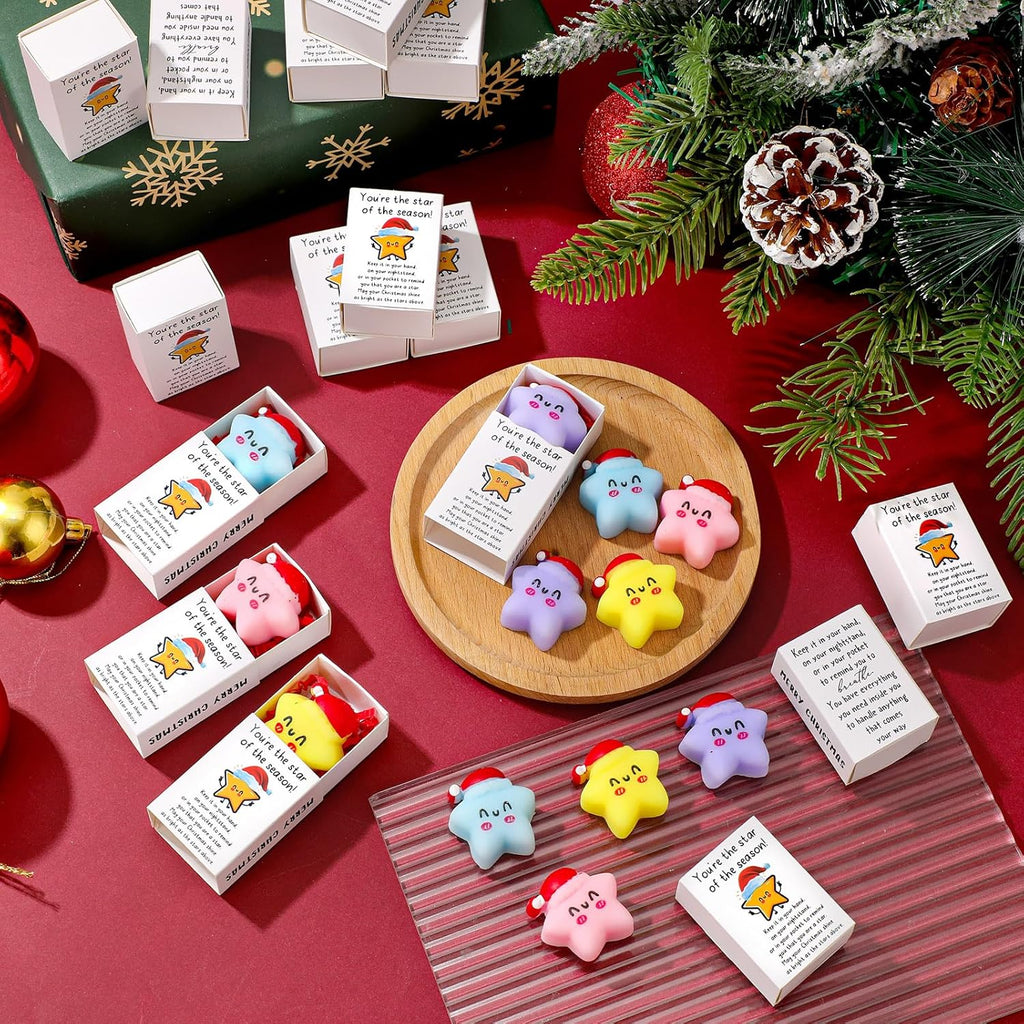 Wettarn 24 Sets Christmas Party Favors Star Stress Balls with Merry Christmas Boxes Bulk Appreciation Gifts for Employee Coworker Friends Office School Relief Toys Stocking Stuffers