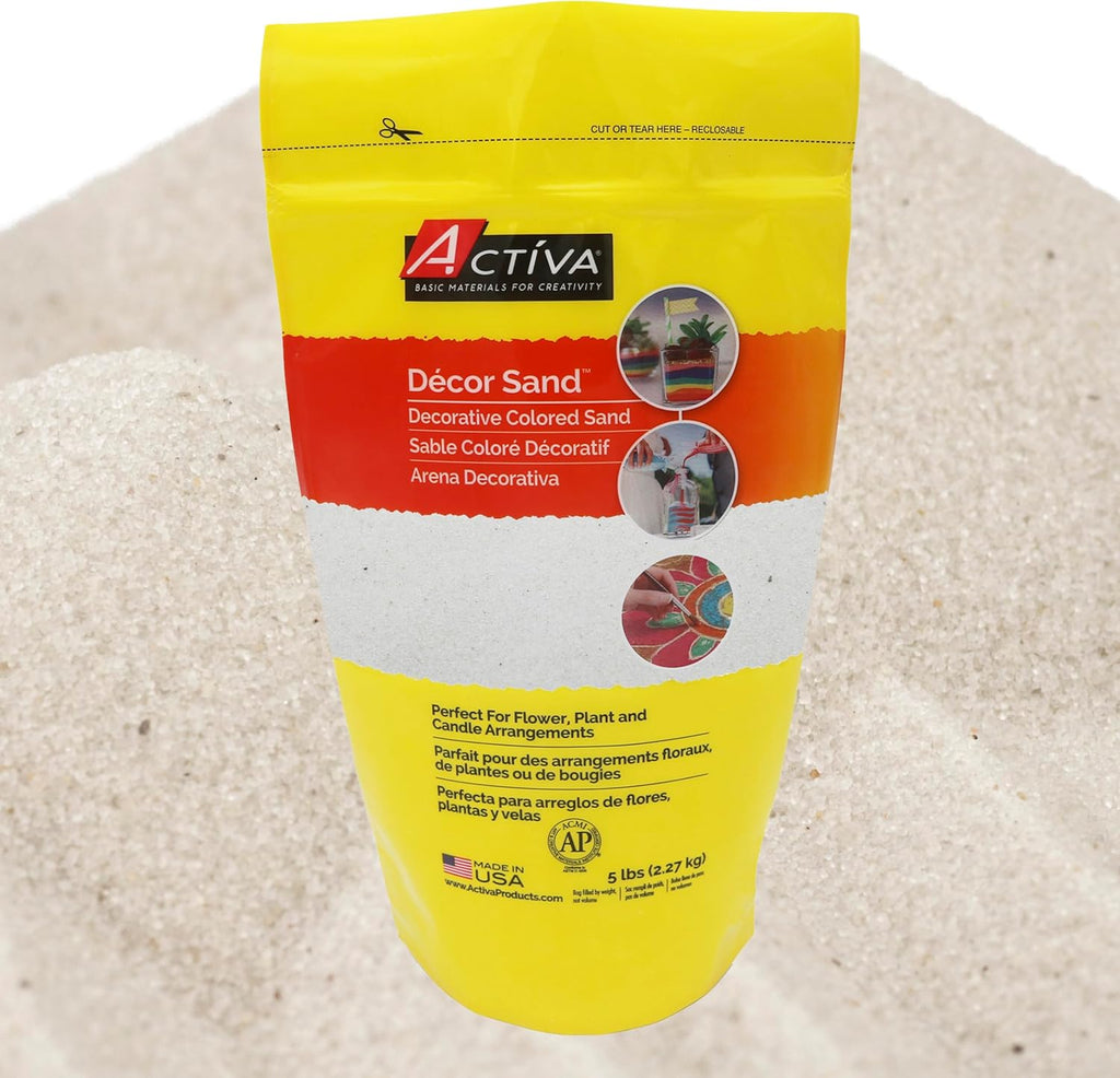 Activa White Decorative Colored Sand in Resealable Bag, 5lb (2.27kg) | Fine Grain & Fade-Proof Sand for Arts & Crafts