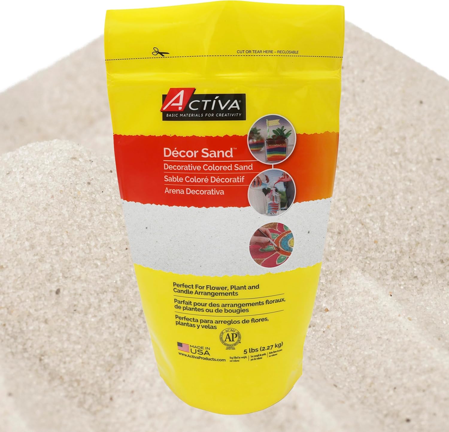 Activa White Decorative Colored Sand in Resealable Bag, 5lb (2.27kg) | Fine Grain & Fade-Proof Sand for Arts & Crafts