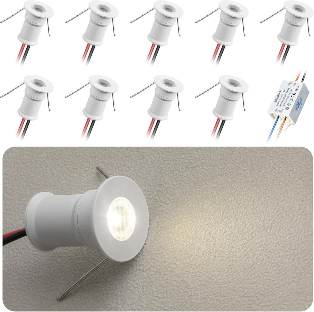 902 30°Led Mini Spotlight DC12V 1W,Suitable for bookcases,cabinets,and Various Display cabinets as Decorative Lights,Embedded Installation,Soft Lighting,with Power Supply (3000K,White,9Pack)