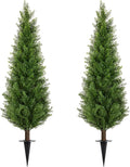 4FT Artificial Cedar Topiary Trees with Ground Spike, Set of 2 UV Resistant Fake Evergreen Bushes Shrubs Trees Artificial Plants Realistic Faux Cypress Plants for Indoor Outdoor Front Porch Garden