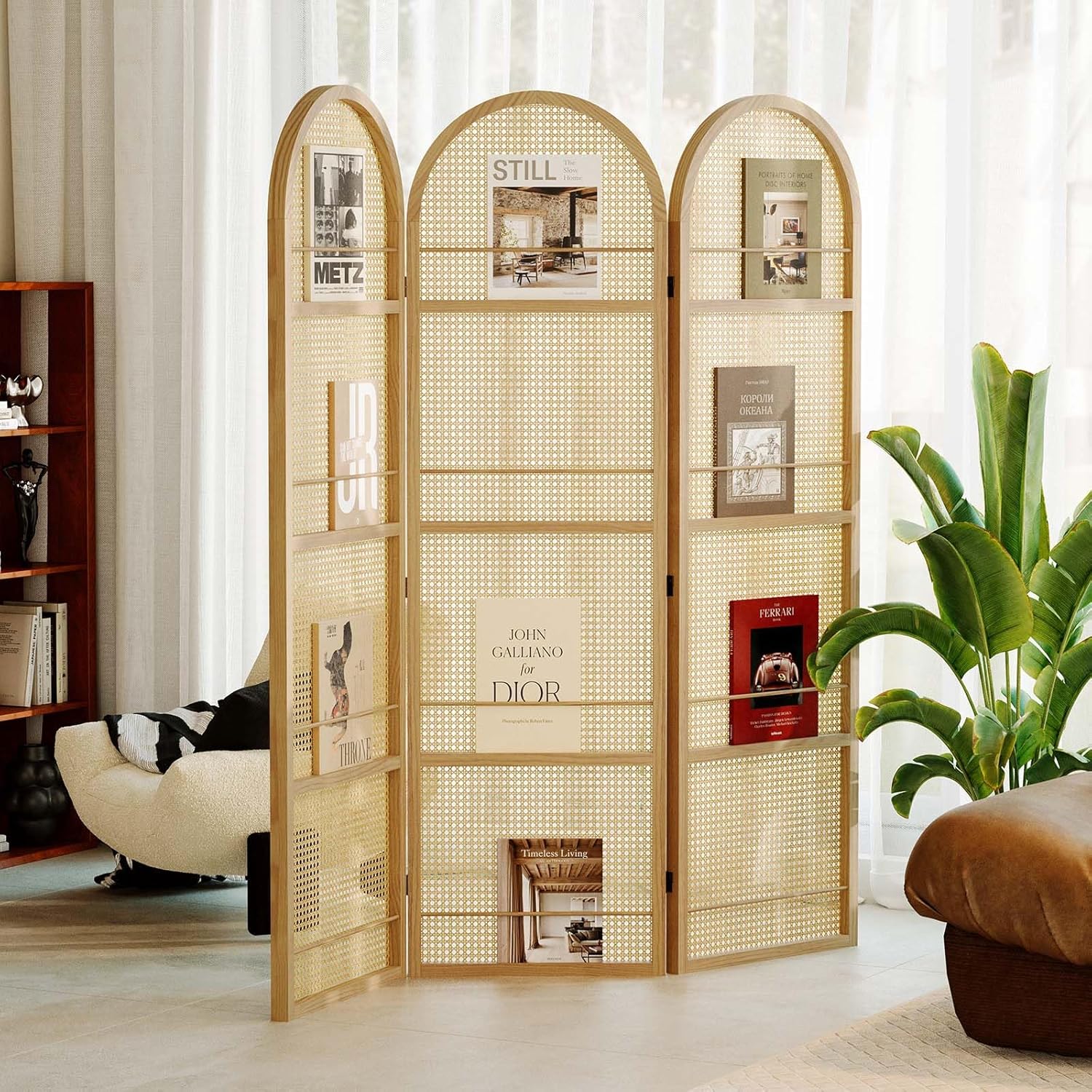 Rattan Room Divider with Built-in Bookshelf | Foldable Privacy Screen & Portable Partition for Home Office, Bedroom, Reading Nook | Wooden Frame, Freestanding Design (Natural-Rattan)