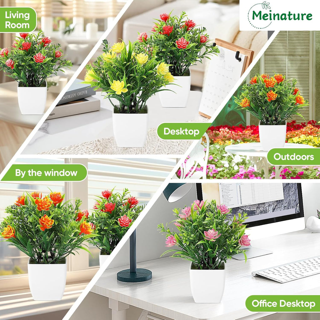 Fake Plants 4 Packs, Small Artificial Plants with Flowers, Black Faux Plants for Bathroom, Office, Home, Conference Table Decor, Indoor Desk Decor for Library, Restaurant (Spring Color 2)