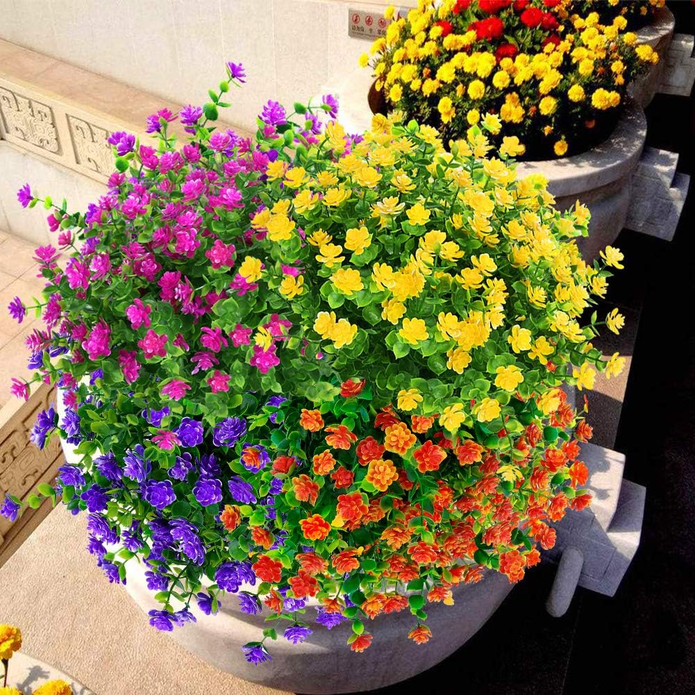 12 Bundles Outdoor Artificial Flowers UV Resistant Fake Boxwood Plants, Faux Greenery for Indoor Outside Hanging Plants Garden Porch Window Box Home Wedding Farmhouse Décor (Yellow)
