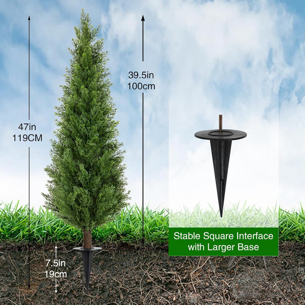 4FT Artificial Cedar Topiary Trees with Ground Spike, Set of 2 UV Resistant Fake Evergreen Bushes Shrubs Trees Artificial Plants Realistic Faux Cypress Plants for Indoor Outdoor Front Porch Garden