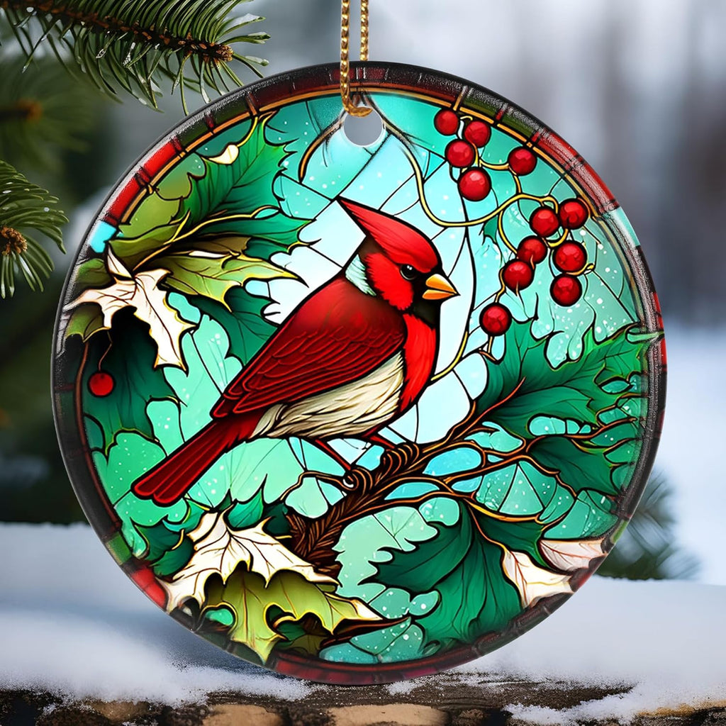 Touber Cardinal Ornament, Christmas Decoration, Holiday Present Idea, Heirloom Keepsake, Round Ceramic, Bauble Present, Cardinal