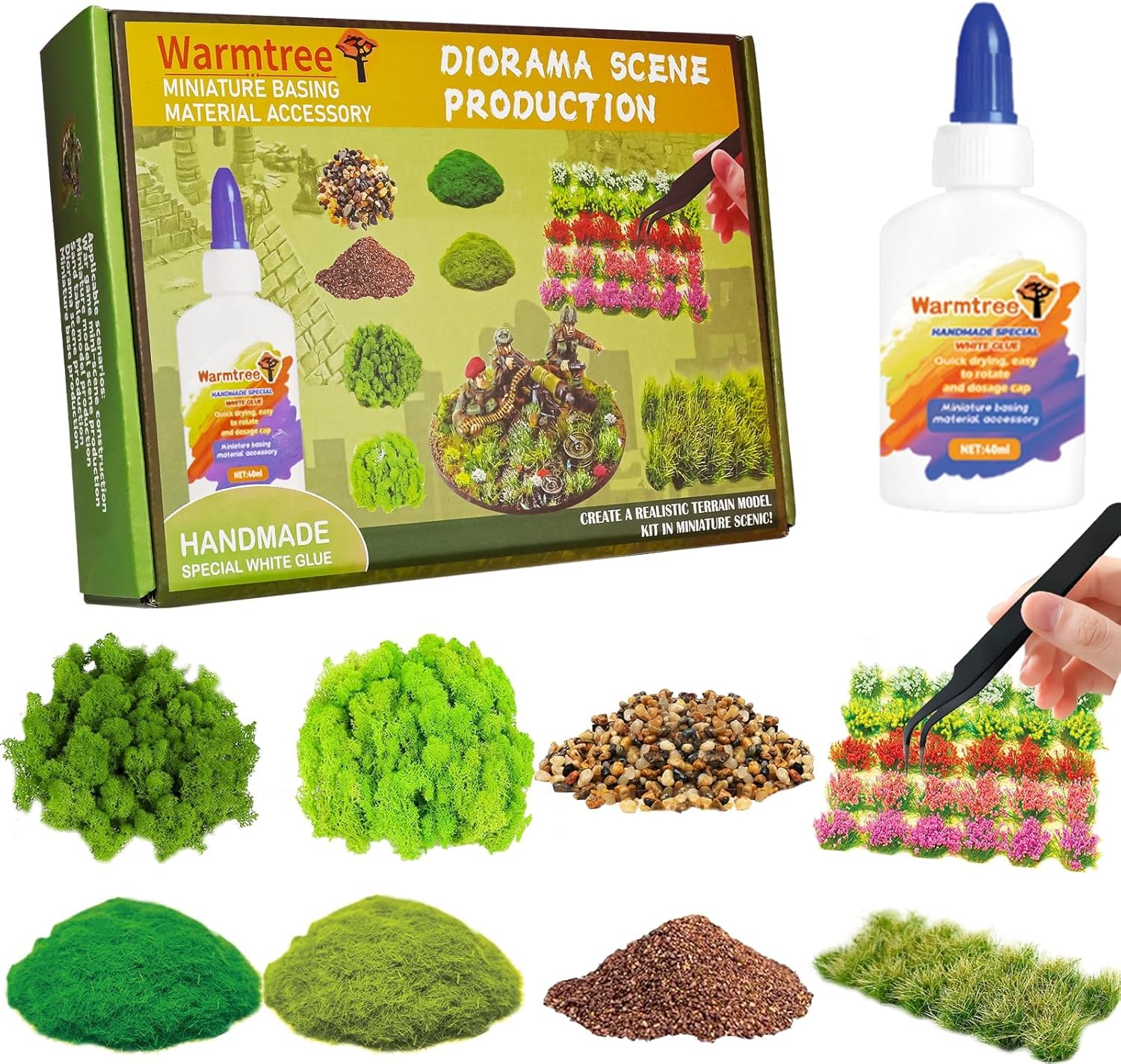 Warmtree Miniature Basing Material, Battlefields Basing Set, Static Grass Bushy Tufts Miniature Flowers Basing Glue for Train Railroad Scenery Military Layout Model and Diorama Supplies