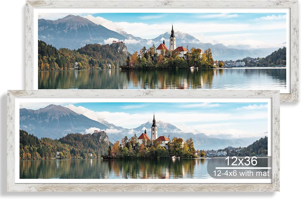12x36 Picture Frame 2 Packs, Real Glass and Distressed White Wood Frame, Display Collage Pictures Twelve 4x6 With Mat or Pennant 12 x 36 Without Mat - Horizontal or Vertical Wall Mounting
