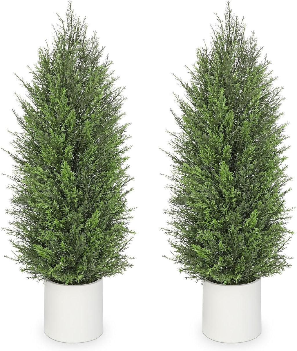 Briful 2PCS 4ft Artificial Cedar Topiary Trees in White Planter – Medium Faux Evergreen Potted Plants, Indoor Outdoor Fake Shrubs, Lifelike Fake Cypress Trees for Home, Office, Patio, Porch