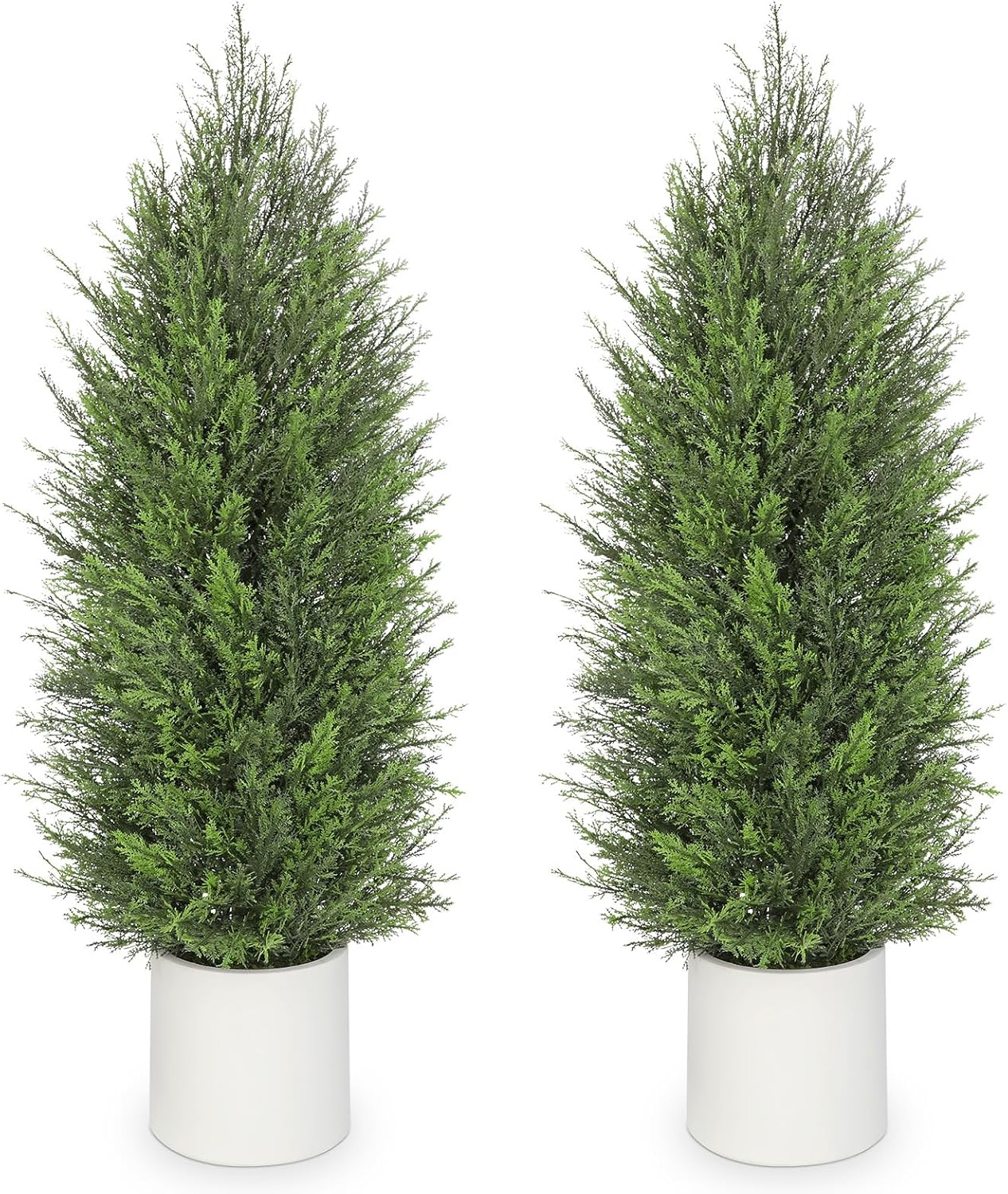 Briful 2PCS 4ft Artificial Cedar Topiary Trees in White Planter – Medium Faux Evergreen Potted Plants, Indoor Outdoor Fake Shrubs, Lifelike Fake Cypress Trees for Home, Office, Patio, Porch