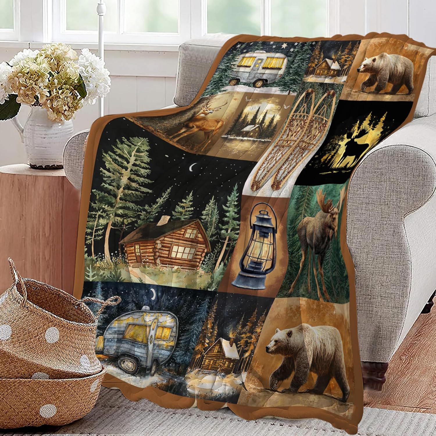 Camping Blanket Cabin Bear Deer Throw Blankets Gifts for Girls Boys Kids Camping Lover Soft Cozy Fleece Plush for Couch Sofa Bed 50"x40"