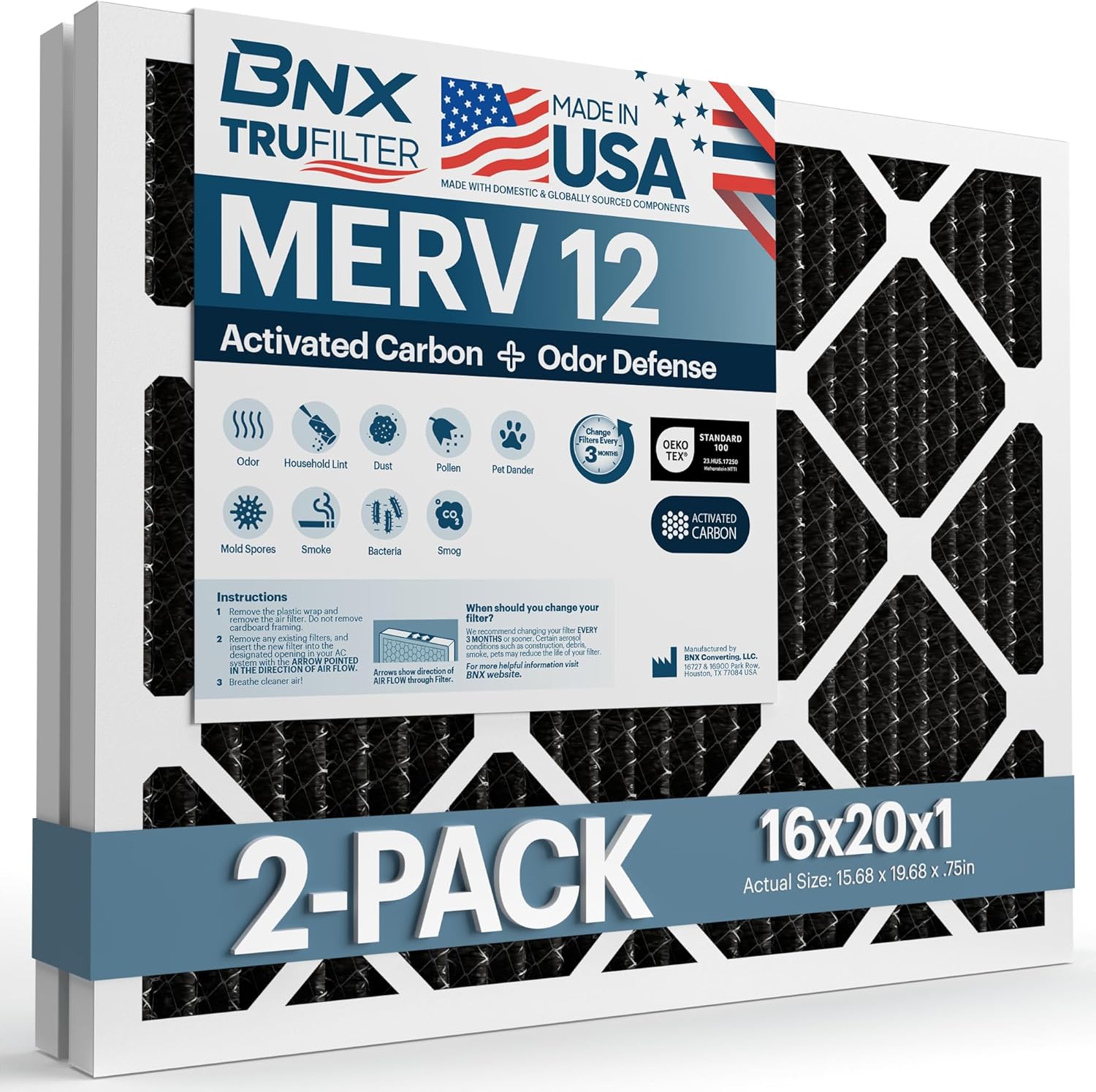 BNX TruFilter 16x20x1 MERV 12 Odor Defense (2-Pack) AC Furnace Air Filter with Activated Carbon - MADE IN USA - Pleated Air Conditioner HVAC AC Furnace Filters - Removes Odor, Mold, Bacteria, Smoke