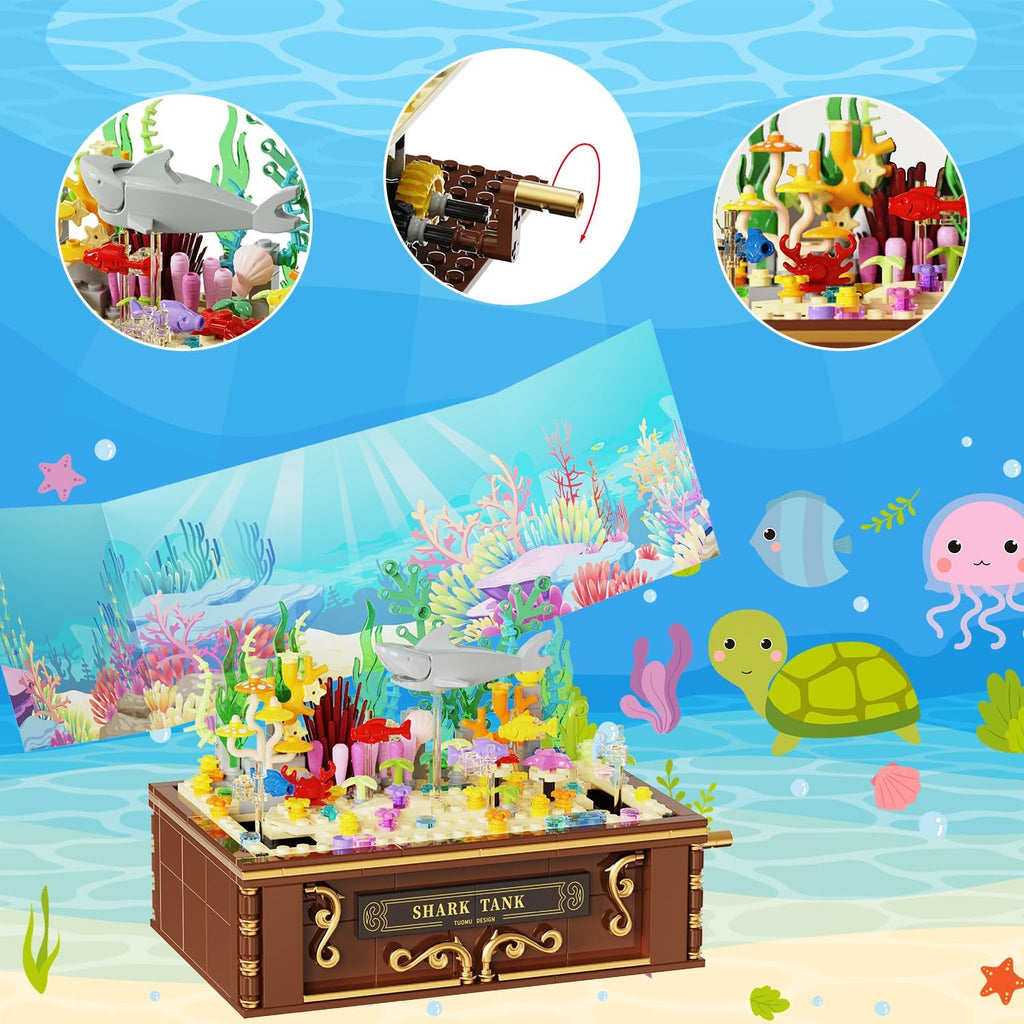 Fistone Fish Shark Tank Building Set for Kids & Adults, Lighting Aquarium Building Block Set, Includes Sharks, Seaweed and Crabs, Hand-Cranked Dynamic Animal Toy for Boys and Girls Ages 8+, 721pcs