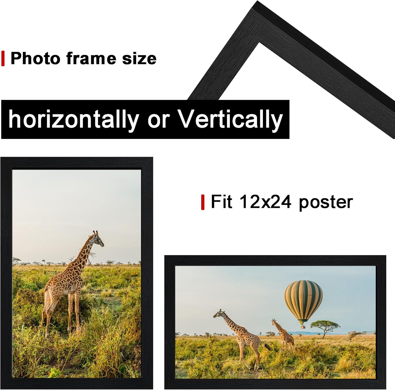 12x24 Picture Frame Set of 5,Wooden Frame 12x24 Wall Gallery Poster Photo frame Black with Durable Shatter Resistant Plexiglass for Wall Mounting 12 by 24 Photos Posters frame -wedding best gift