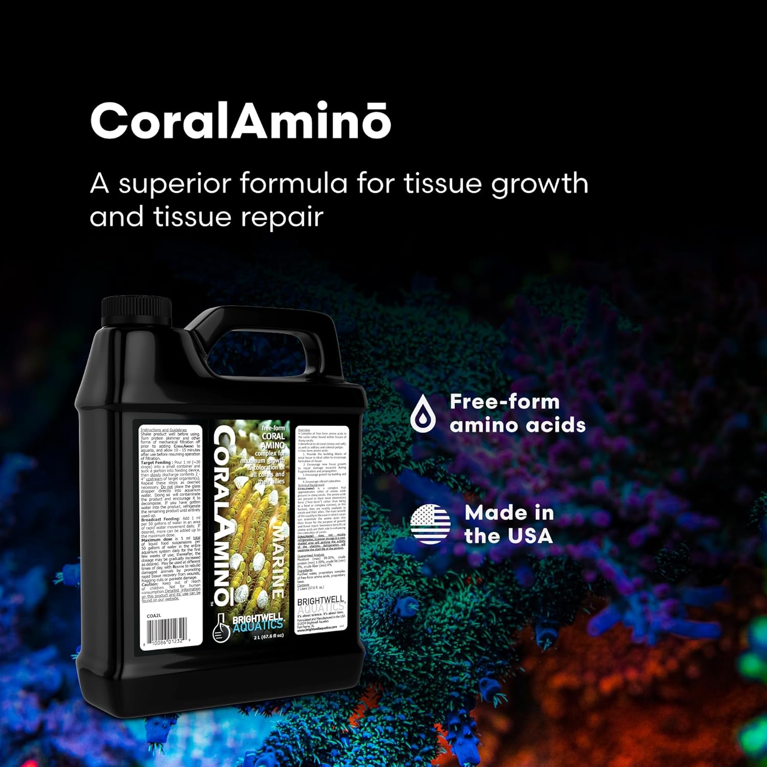 Brightwell Aquatics CoralAmino - Complex of Amino Acids for Corals - Coral Food for Aquarium Coral Growth - Saltwater Aquarium Treatments, 67.6 fl oz