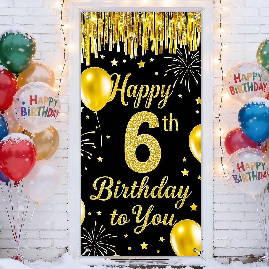 IVN 6th Birthday Door Cover 71x35 Inch Black Gold Birthday Banner for Party Decorations Balloons Stars Fireworks Backdrop Sign for Men Women Photo Booth Prop Wall Decor
