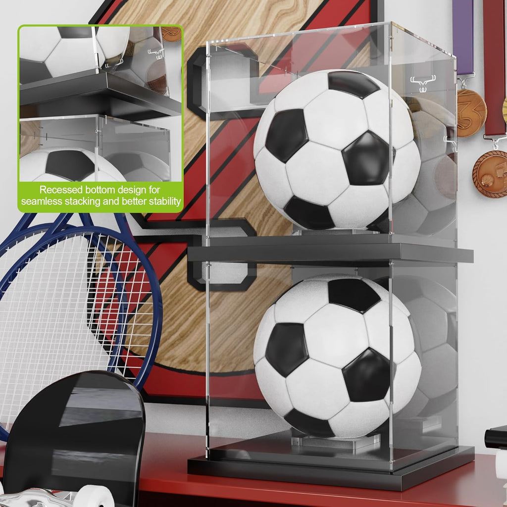 Putros Soccer Ball Display Case with Mirror and Black Metal Grooved Base Acrylic Ball Case with Transparent Removable Built-in Display Stand for Autographed Volleyball