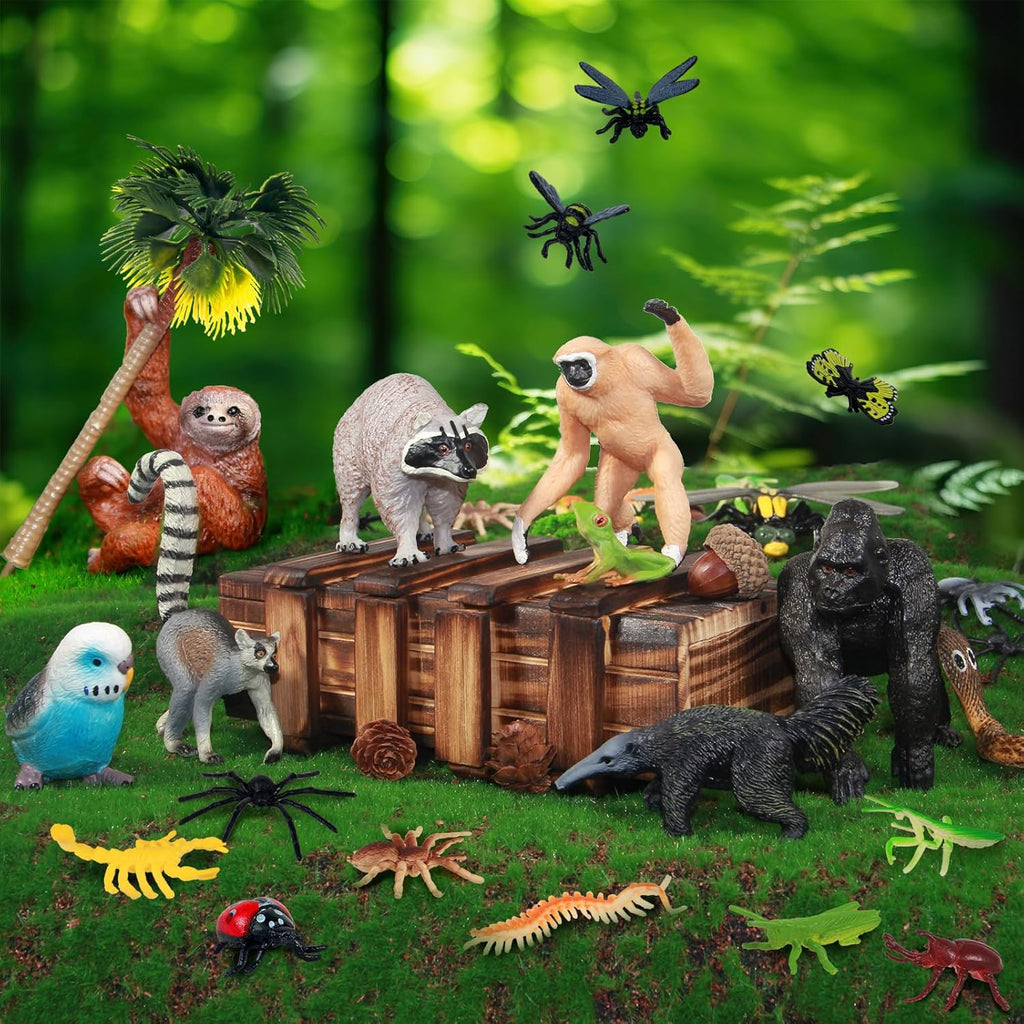 35 Pack Rainforest Animals Figures Set Animal Cake Decor Assorted Creatures Diorama Animals Model Trees for Birthday Party Favors, Piñata Fillers
