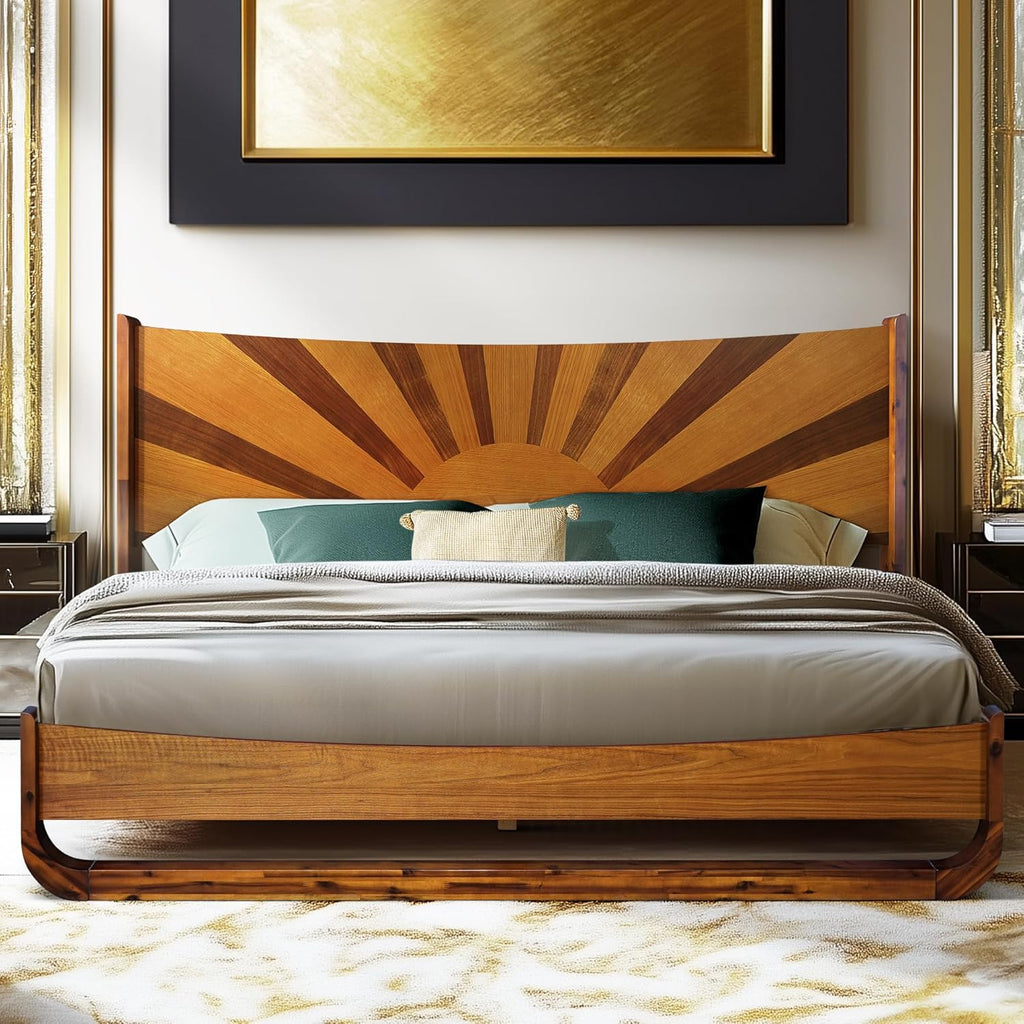 Sunset Solid Acacia Wood King Platform Bed, Tall Headboard, Mid-Century Art Deco Design, No Box Spring Needed, Sturdy Slat Support, Scratch & Water-Resistant, Caramel Finish