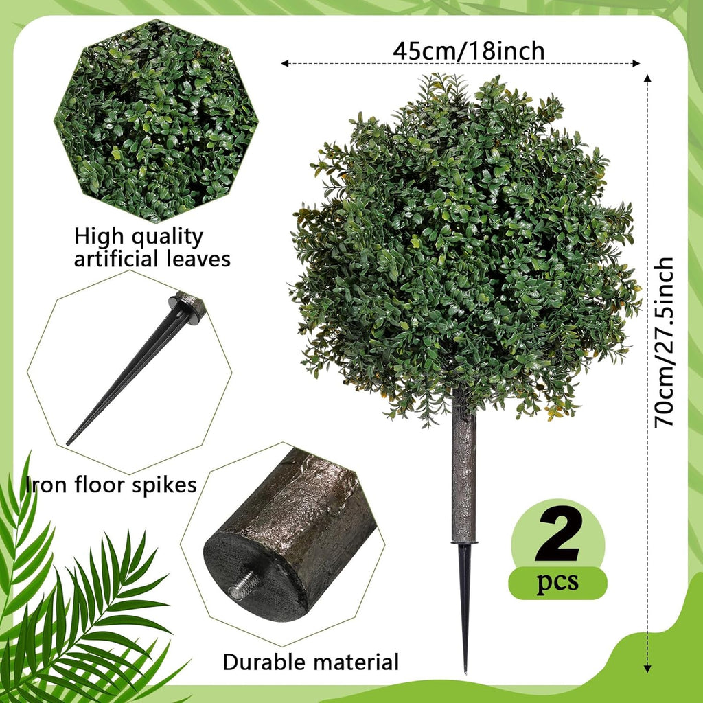 2 Pcs Artificial Boxwood Topiary Ball Bush 26" Tree UV Resistant with Spike Easy to Push in The Ground Fake Boxwood Plants Faux Greenery Shrubs for Indoor Outdoor Home Garden (Dark Green)