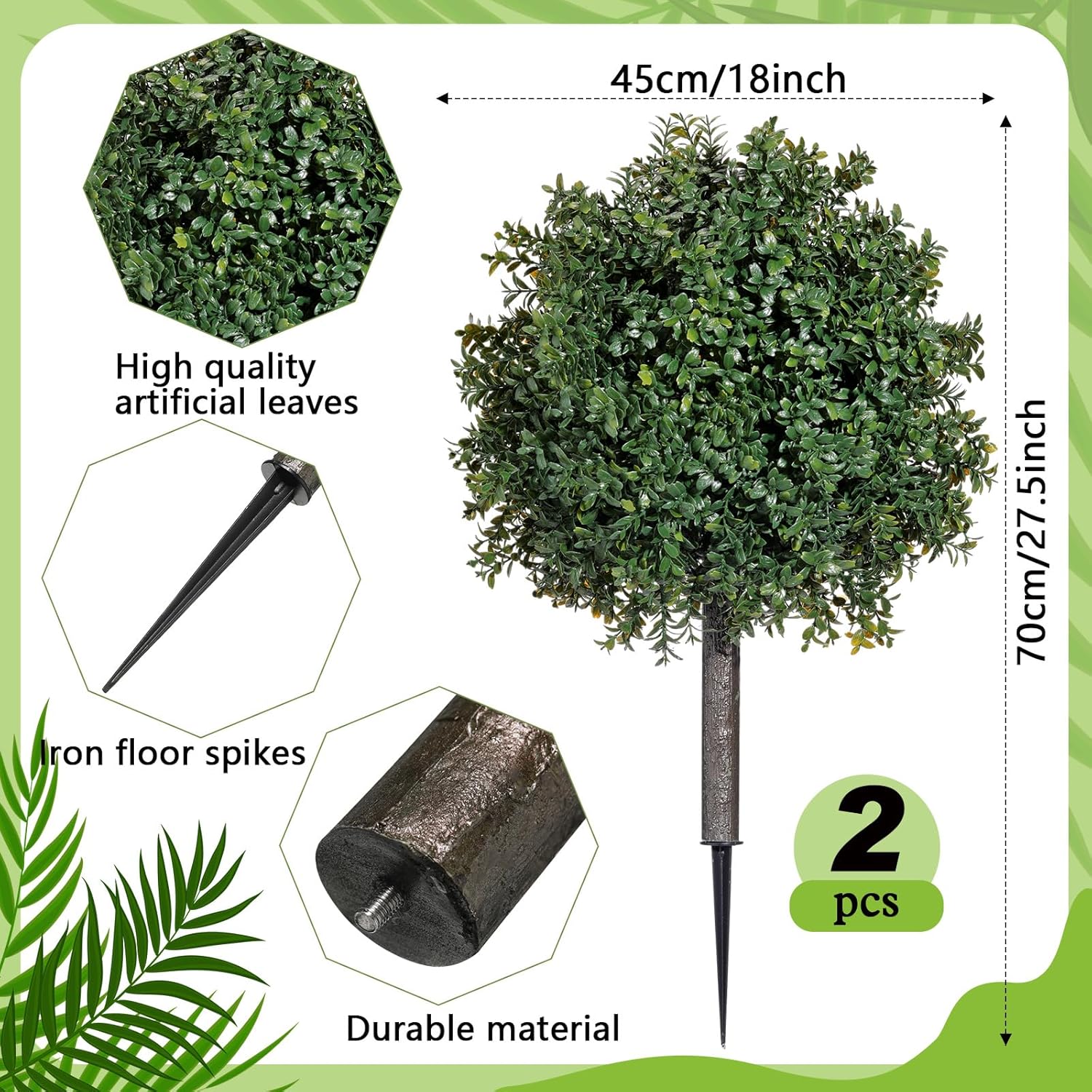 2 Pcs Artificial Boxwood Topiary Ball Bush 26" Tree UV Resistant with Spike Easy to Push in The Ground Fake Boxwood Plants Faux Greenery Shrubs for Indoor Outdoor Home Garden (Dark Green)