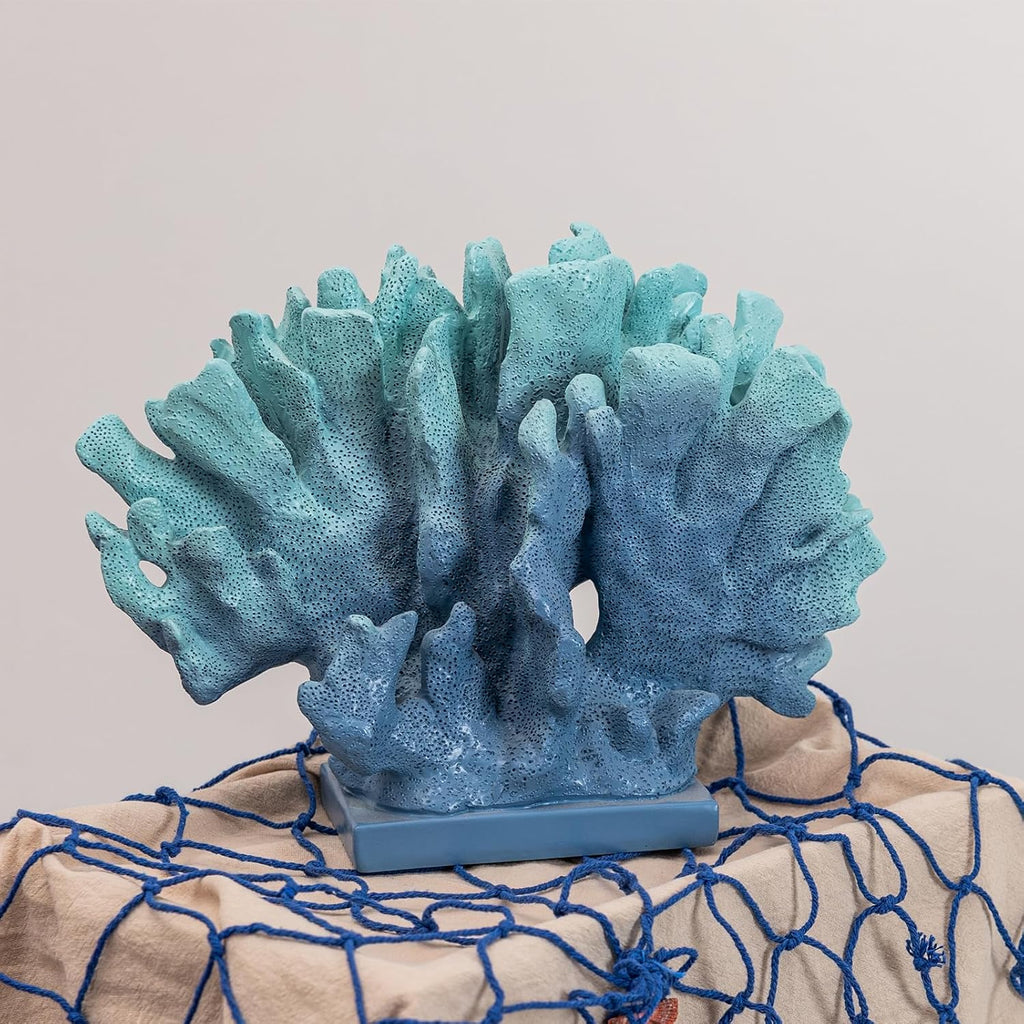 6" H Blue Coral Decor, Resin Coral Statue, Nautical Decorations for Home, Bedroom Wedding, Bathroom, Living Room, Beach/Coastal/Ocean Themed Cabinet Shelf Tabletop Decor