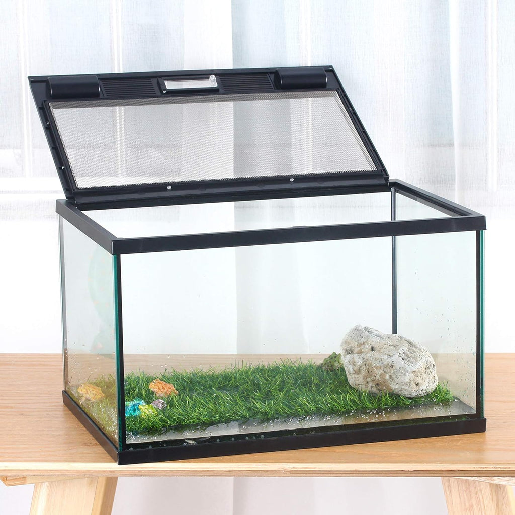 crapelles Frogs Glass Terrarium Feeding kit Tank, 15.7×11×9 inches, for Reptile Amphibians, Insect, Horned Frogs, Waterweed Prairie Style Habitat, with Green Artificial Turf Pad, Natural Volcanic Rock