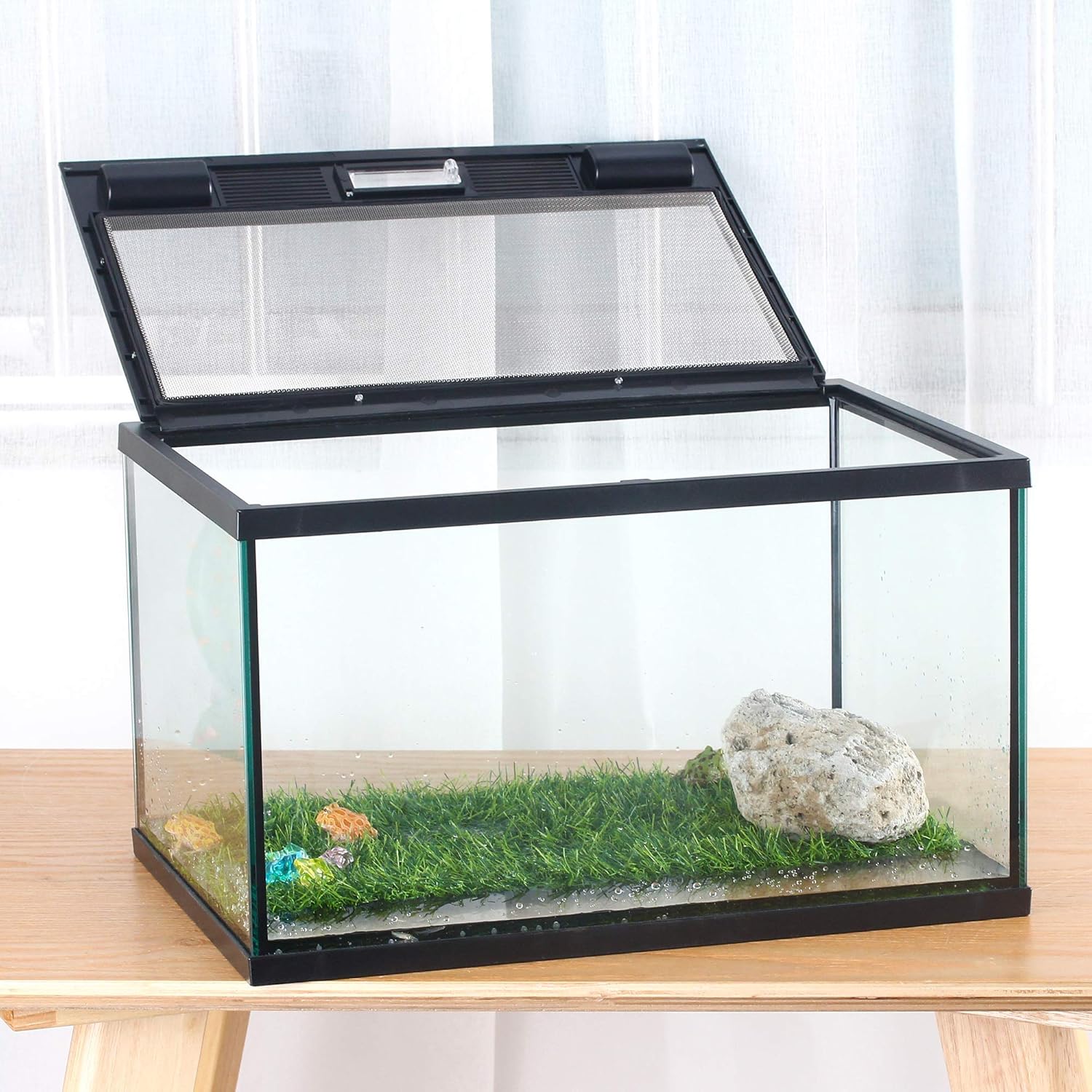 crapelles Frogs Glass Terrarium Feeding kit Tank, 15.7×11×9 inches, for Reptile Amphibians, Insect, Horned Frogs, Waterweed Prairie Style Habitat, with Green Artificial Turf Pad, Natural Volcanic Rock