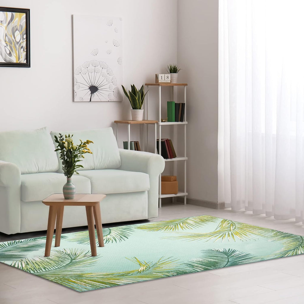 Liora Manne Marina Indoor/Outdoor Power Loomed Synthetic Blend Low Profile Area Rug - Transitional Border Botanical Beach Colorful (Palm Border Aqua) (4'10" x 7'6")
