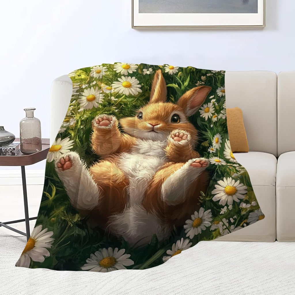 Cute Rabbit Blanket Bunny Hare Throw Blankets Daisy Gifts for Girls Boys Kids Rabbit Lover Soft Cozy Fleece Plush for Couch Sofa Bed 60"x50"