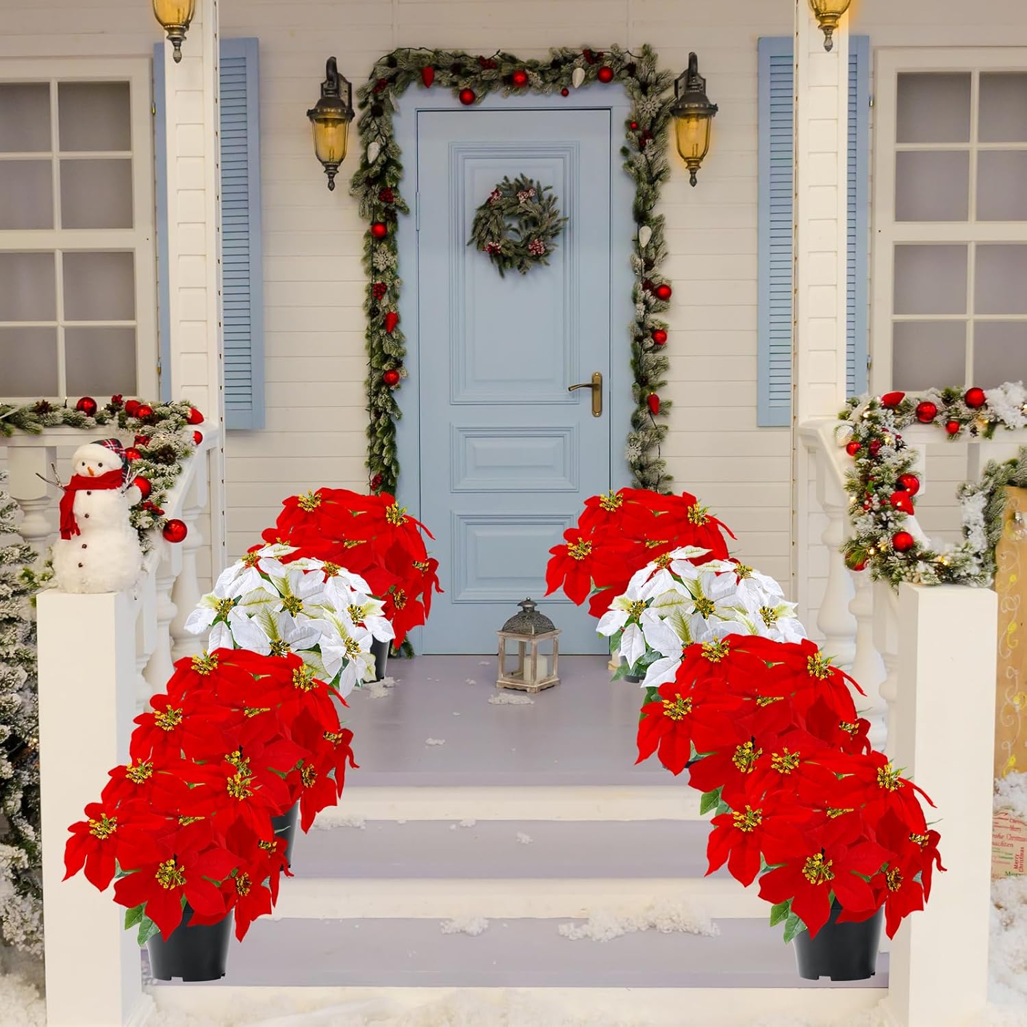 Artificial Poinsettia Flowers - 14Inch Faux Christmas Plant, Cream Winter Flowers for Indoor/Outdoor Xmas Ornament, Porch & Home Garden Decorations