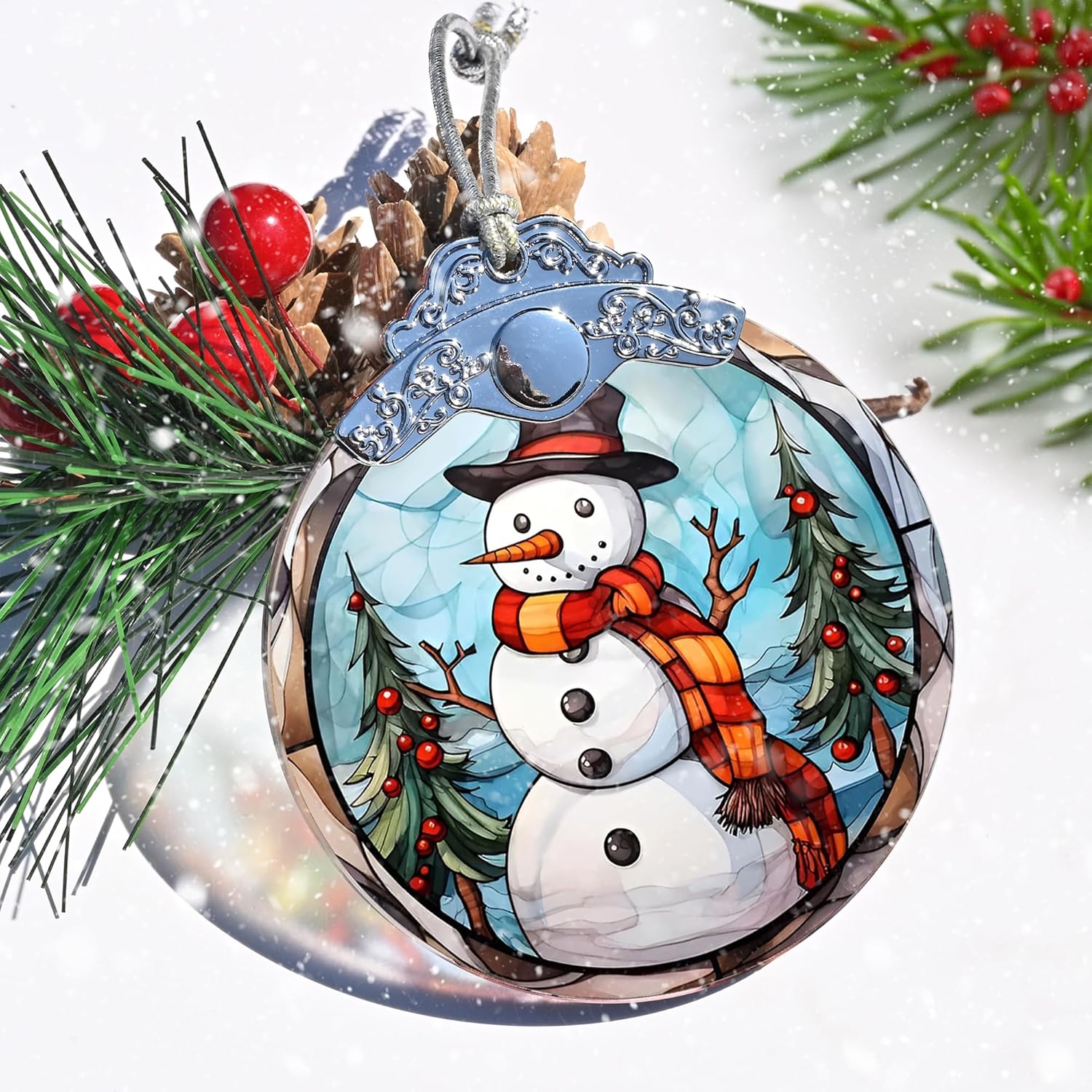 Snowman Christmas Ornament, Jocidea Stained Glass Ornaments for Christmas Tree, Christmas Tree Decorations, Snowman Lovers Gifts, Holiday Decor and Xmas Gifts Ideas