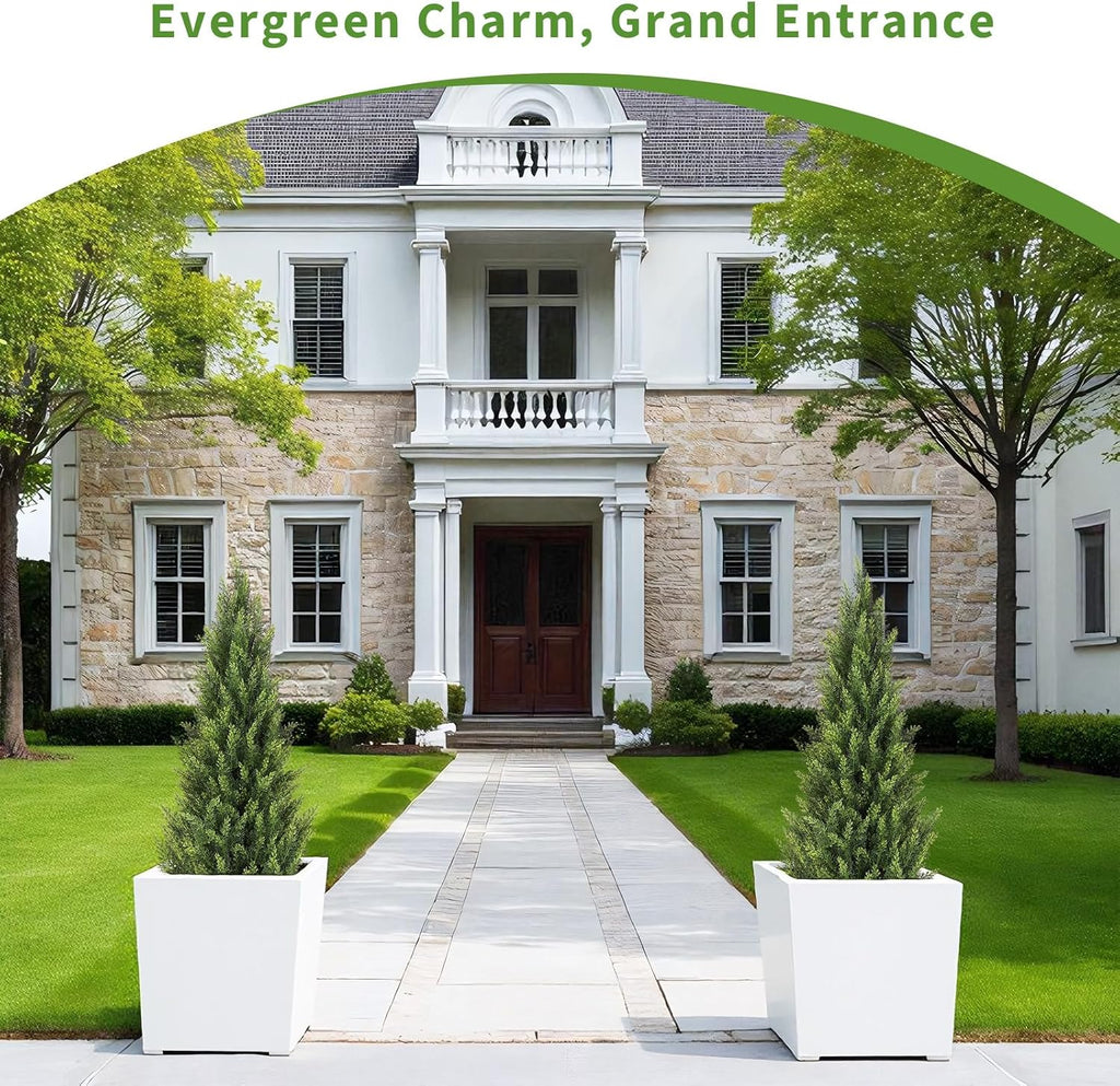 4FT Artificial Cedar Christmas Topiary Trees Set of 2 - Realistic Faux Cypress Plants UV Resistant for Outdoor Planter, Fake Bushes & Shrubs for Porch Front Door Outside UV Rated, 4 Feet Tall, 2 Pack