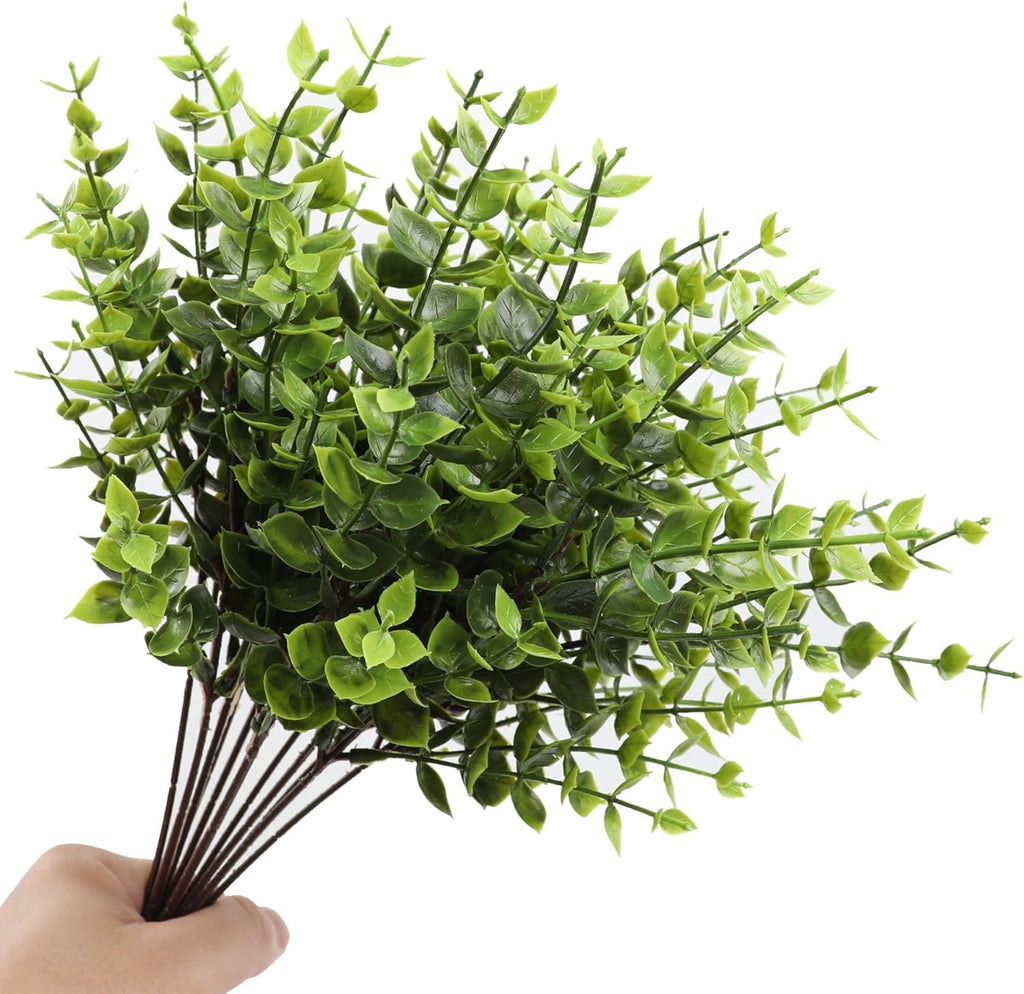 Artificial Eucalyptus Stems Bundle, Green Faux Foliage Plant, 12-inch Single Branch, 12 Pack Fake Plants for Garden Office Patio Wedding Farmhouse Indoor Decoration