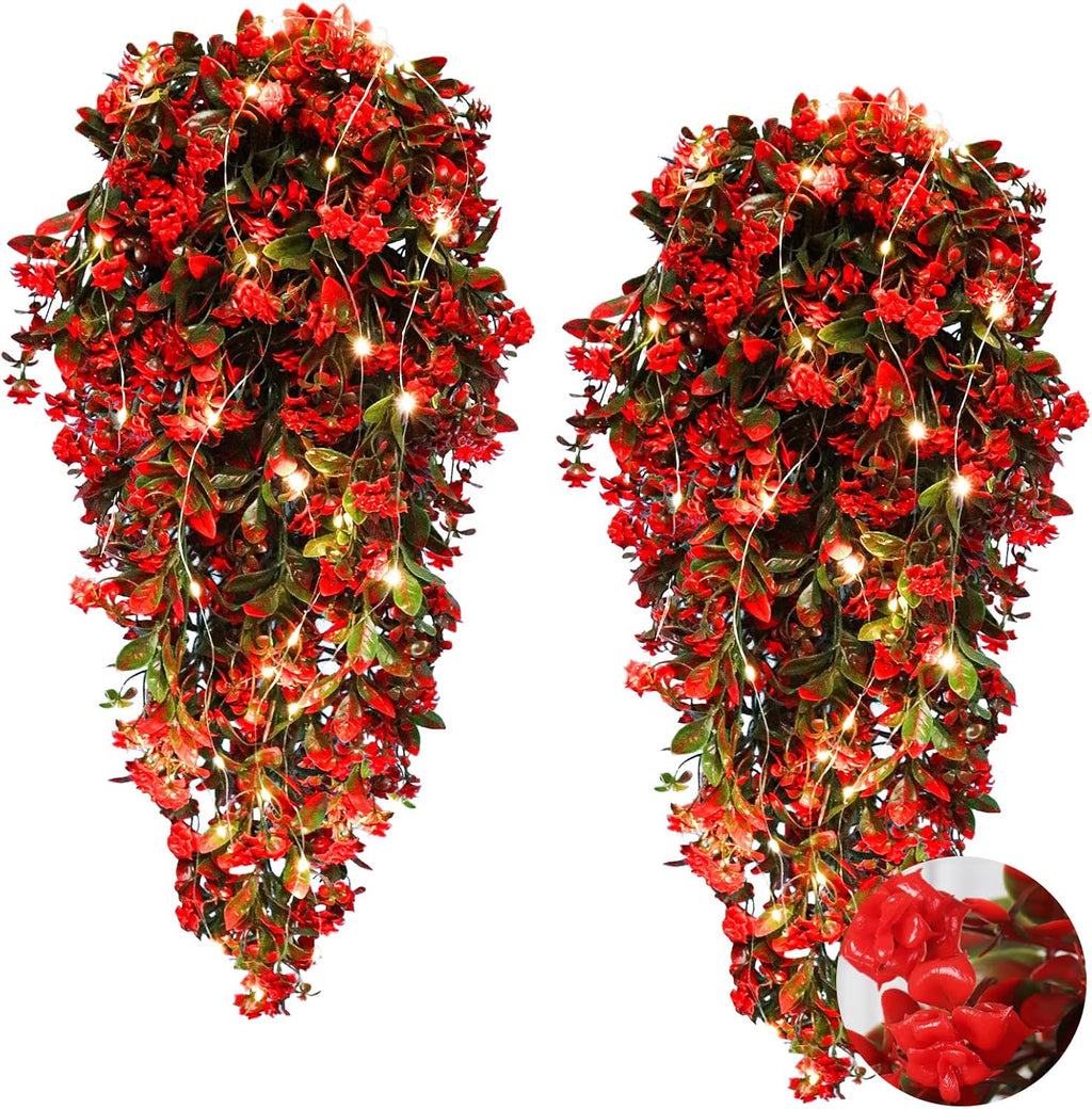 RECUTMS Faux Hanging Plants 2 Pack Hanging Flowers Artificial Decor Greenery Fake Vines with Lights Strings Plastic Flowers Artificial Ivy Leaves Long Stem for Porch Patio Kitchen (Red)