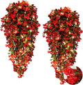 RECUTMS Faux Hanging Plants 2 Pack Hanging Flowers Artificial Decor Greenery Fake Vines with Lights Strings Plastic Flowers Artificial Ivy Leaves Long Stem for Porch Patio Kitchen (Red)