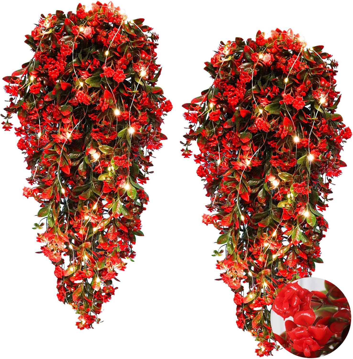 RECUTMS Faux Hanging Plants 2 Pack Hanging Flowers Artificial Decor Greenery Fake Vines with Lights Strings Plastic Flowers Artificial Ivy Leaves Long Stem for Porch Patio Kitchen (Red)