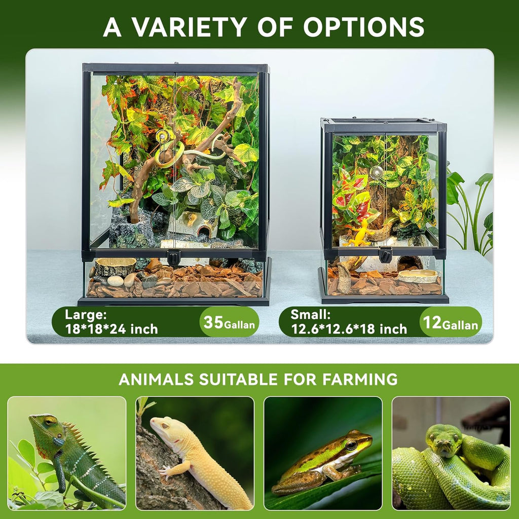 18x12x12 12 Gallon Glass Reptile Tank Front Opening Terrarium Suitable for Leopard Geckos, Snakes Tree Frogs Chameleons Watertight Base, Ventilated Metal Mesh Top, Pre-Drilled Cable Holes